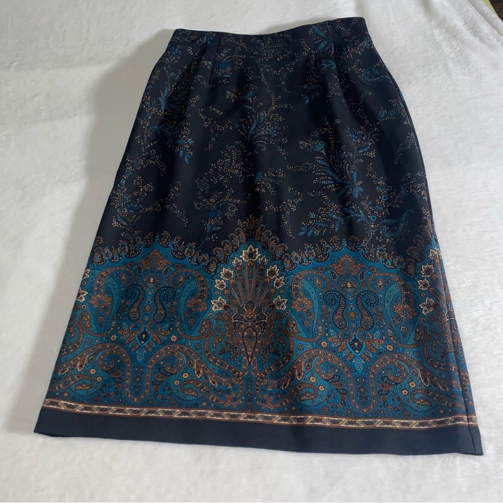 Briggs Petite 14 Maxi Skirt Floral Paisley Zip Back Slit Brown Blue Boho Career